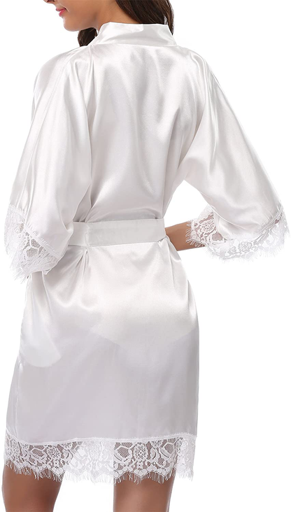 Giova Women'S Lace Trim Kimono Robe Bride Bridesmaids Wedding Shower Satin Short Robe Apparel & Accessories > Clothing > Sleepwear & Loungewear > Robes Giova   