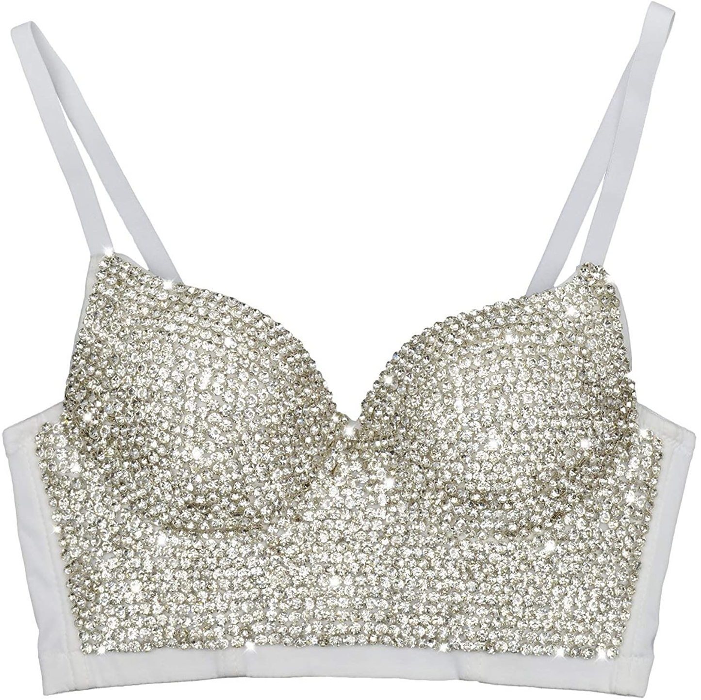 ELLACCI Women'S Handmade Rhinestone Diamond Push up Bustier Crop Top Sexy Punk Corset Bra White Apparel & Accessories > Clothing > Underwear & Socks > Lingerie ELLACCI X-Small  