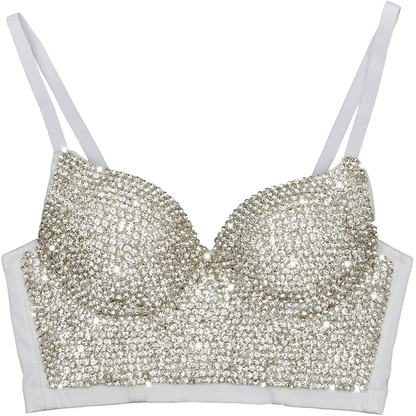 ELLACCI Women'S Handmade Rhinestone Diamond Push up Bustier Crop Top Sexy Punk Corset Bra White Apparel & Accessories > Clothing > Underwear & Socks > Lingerie ELLACCI X-Small  
