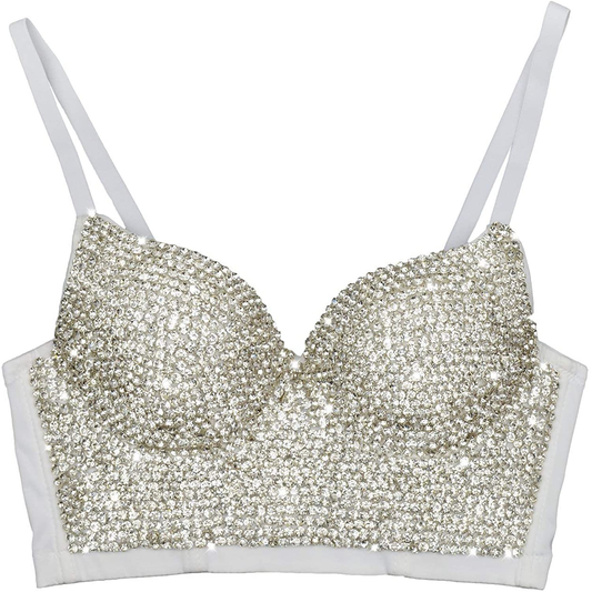 ELLACCI Women'S Handmade Rhinestone Diamond Push up Bustier Crop Top Sexy Punk Corset Bra White Apparel & Accessories > Clothing > Underwear & Socks > Lingerie ELLACCI X-Small  