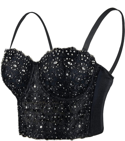ELLACCI Women'S Natural Reigning Lace Rhinestone Bustier Crop Top Sexy Mesh Corset Top Bra Black Apparel & Accessories > Clothing > Underwear & Socks > Lingerie ELLACCI Large  