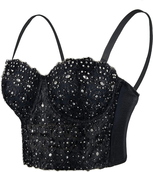 ELLACCI Women'S Natural Reigning Lace Rhinestone Bustier Crop Top Sexy Mesh Corset Top Bra Black Apparel & Accessories > Clothing > Underwear & Socks > Lingerie ELLACCI Large  