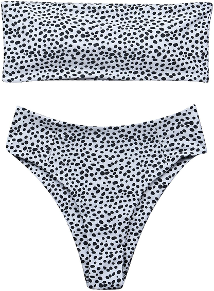 OMKAGI Women's 2 Pieces Bandeau Bikini Swimsuits Off Shoulder High Waist Bathing Suit High Cut Apparel & Accessories > Clothing > Swimwear OMKAGI Leopard Dot Medium 