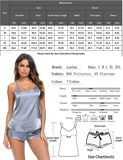 Lecgee Womens Sexy Lingerie Silky Satin Pajamas Cami Shorts Set Sleepwear Apparel & Accessories > Clothing > Sleepwear & Loungewear Kylie Max   