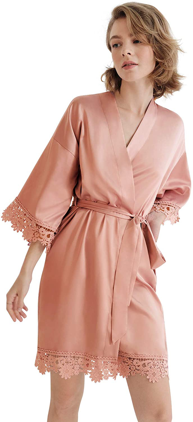 SIORO Women'S Satin Robe Lace Silk Kimono Robes Short for Bridesmaid Wedding Party Nightgown, Small~X-Large Apparel & Accessories > Clothing > Sleepwear & Loungewear > Robes KYLIE MAX Rose Pink Medium 
