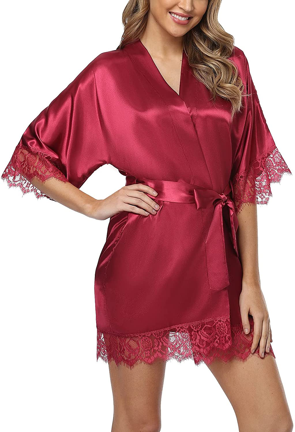 Old-Times Women Satin Short Robes for Bridesmaid Bride Sexy Nightgown Lace Trim Lightweight Bathrobe Apparel & Accessories > Clothing > Sleepwear & Loungewear > Robes Old-Times   