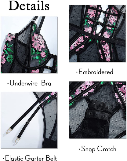 Teddy Lingerie for Women,Embroidered Sexy Floral Lace Bodysuit,Snap Crotch One Piece Body Suit Apparel & Accessories > Clothing > Underwear & Socks > Lingerie Kaei&Shi   