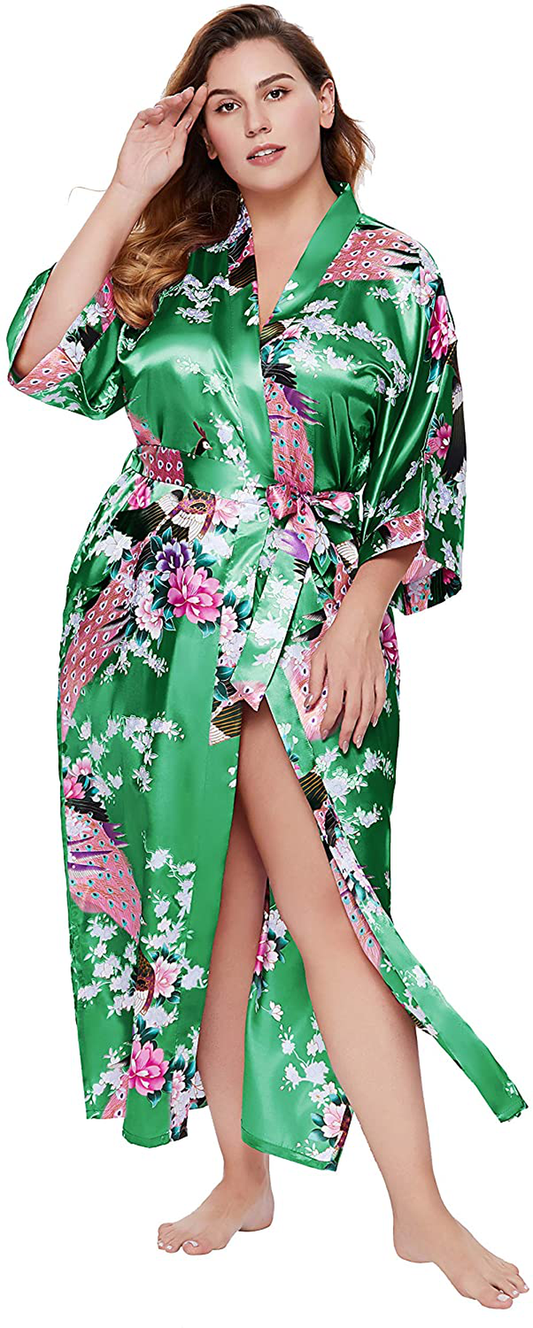 BABEYOND Women'S plus Size Kimono Robe Long Robes with Peacock and Blossoms Printed plus Size Kimono Outfit Apparel & Accessories > Clothing > Sleepwear & Loungewear > Robes KYLIE MAX Green 2X 
