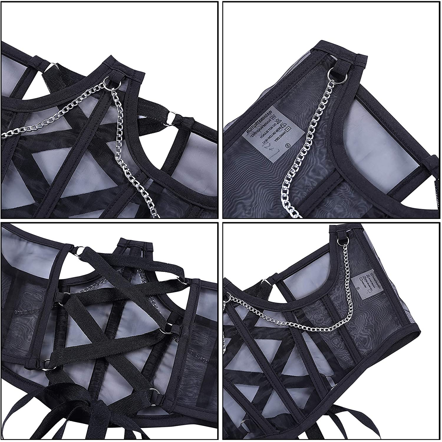 JUMISEE Women See through Mesh Lace up Bustier Corset Metal Chain Boned Overbust Waist Cincher Wide Belt Apparel & Accessories > Clothing > Underwear & Socks > Lingerie JUMISEE   