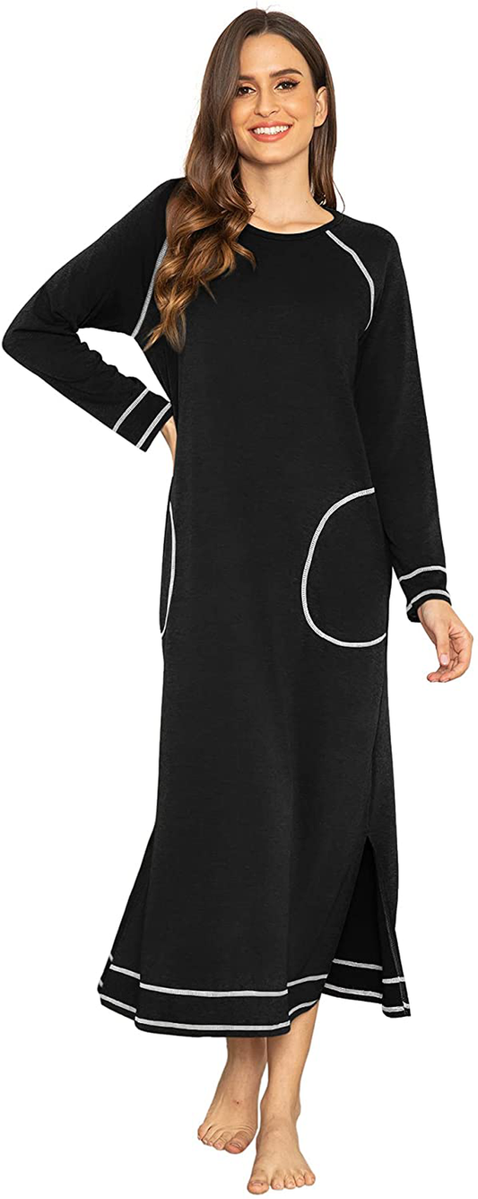 Ekouaer Women'S Nightshirt Long Sleeve Nightgown round Neck Sleepwear Full Length Pajama Dress with Pockets Loungewear S-XXL Apparel & Accessories > Clothing > Sleepwear & Loungewear > Nightgowns Kylie Max   