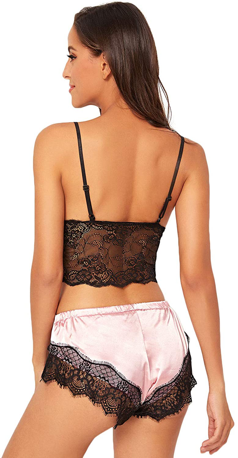 Sweatyrocks Women'S Lace Cami Top with Shorts with Panties 2 Piece Set Sexy Lingerie Pajama Set Apparel & Accessories > Clothing > Sleepwear & Loungewear Kylie Max   