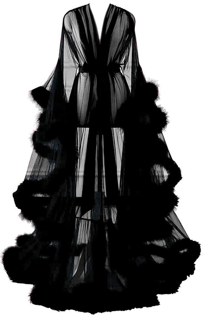 Changuan Sexy Illusion Long Lingerie Robe Nightgown Bathrobe Sleepwear Feather Bridal Robe Wedding Scarf Apparel & Accessories > Clothing > Sleepwear & Loungewear > Robes Changuan Black Small-Medium 