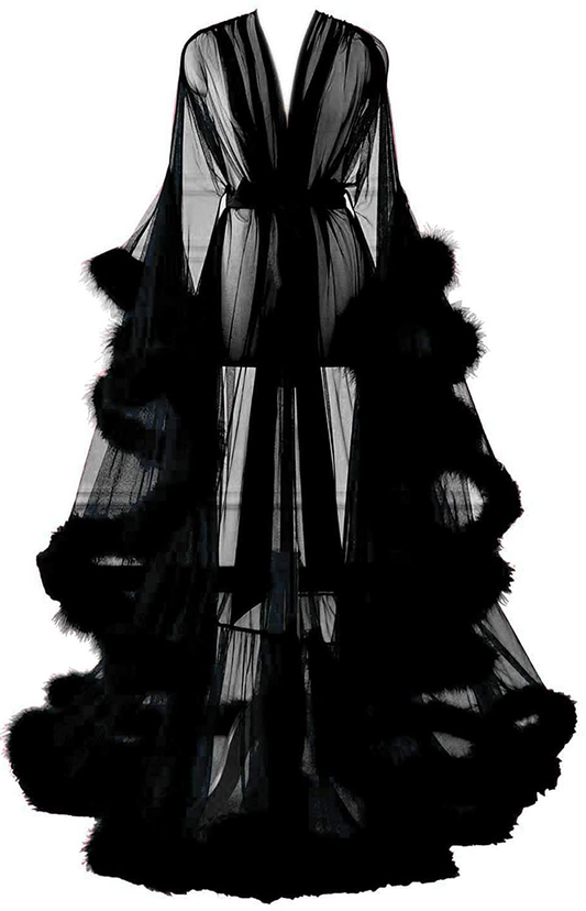 Changuan Sexy Illusion Long Lingerie Robe Nightgown Bathrobe Sleepwear Feather Bridal Robe Wedding Scarf Apparel & Accessories > Clothing > Sleepwear & Loungewear > Robes Changuan Black Small-Medium 
