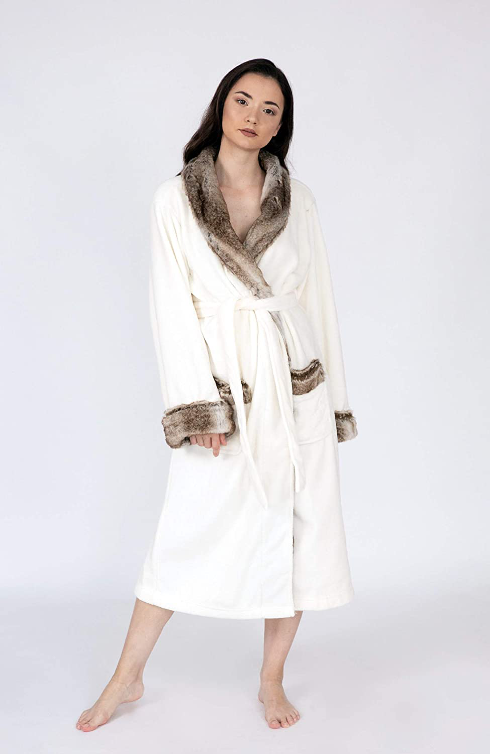 Chic Home Belgian Robe Cozy Super Soft Ultra Plush Faux Fur Fleece Sherpa Trim with 2 Pockets and Belt, 50 X 44, Brown Apparel & Accessories > Clothing > Sleepwear & Loungewear > Robes Chic Home   