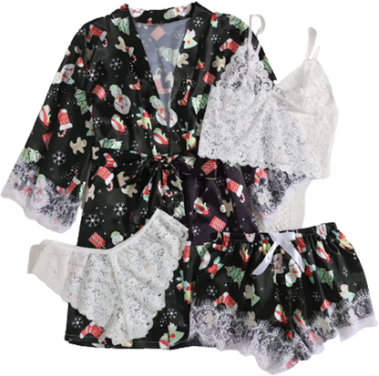 WDIRARA Women'S 4 Pieces Satin Floral Lace Cami Top Lingerie Pajama Set with Robe Apparel & Accessories > Clothing > Underwear & Socks > Lingerie WDIRARA Black Christmas Large 