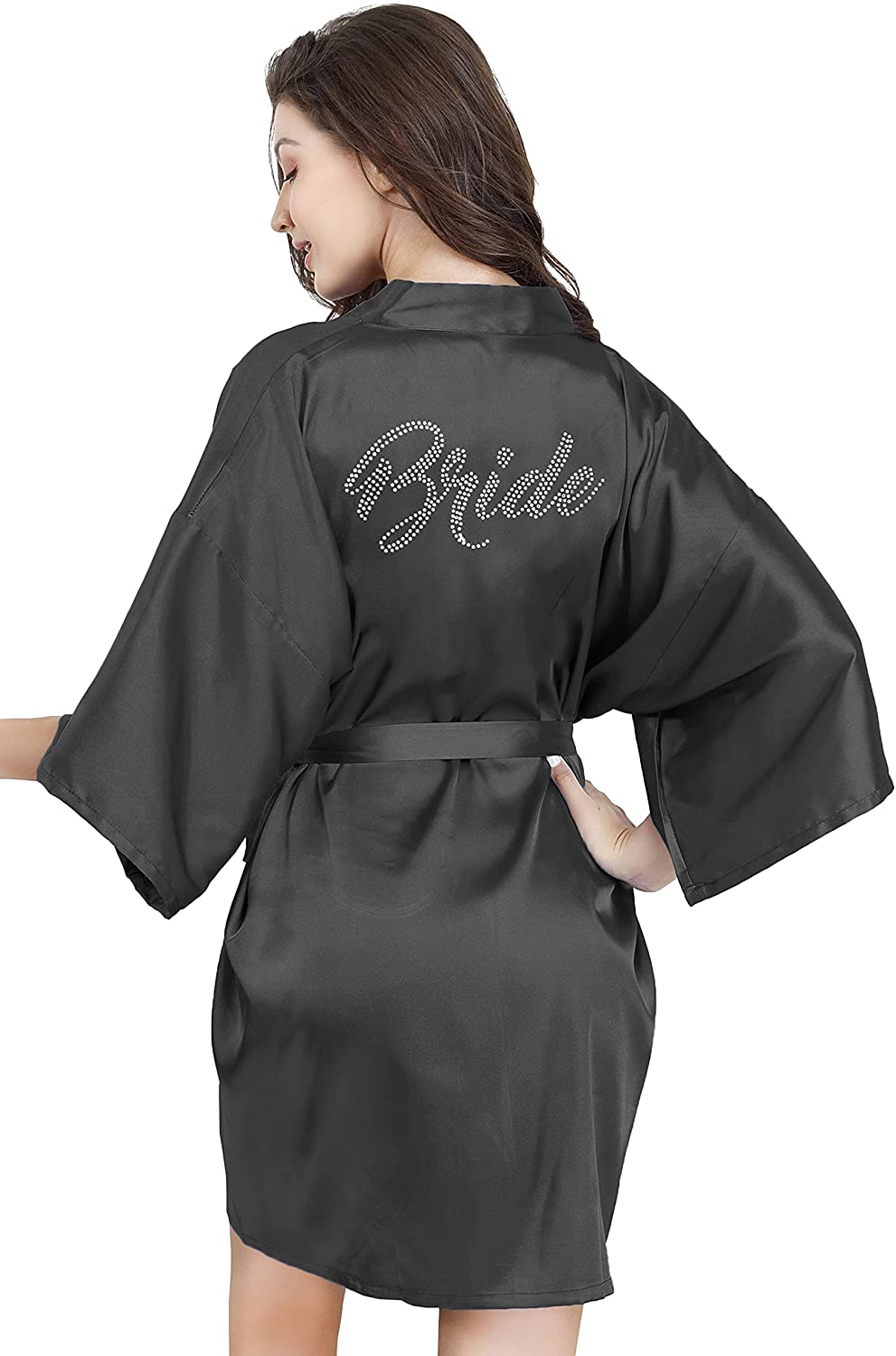 EPLAZA Women'S One Size Silver Rhinestones Bride Bridesmaid Short Satin Robes for Wedding Party Getting Ready Apparel & Accessories > Clothing > Sleepwear & Loungewear > Robes Kylie Max   