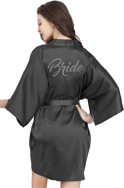 EPLAZA Women'S One Size Silver Rhinestones Bride Bridesmaid Short Satin Robes for Wedding Party Getting Ready Apparel & Accessories > Clothing > Sleepwear & Loungewear > Robes Kylie Max   