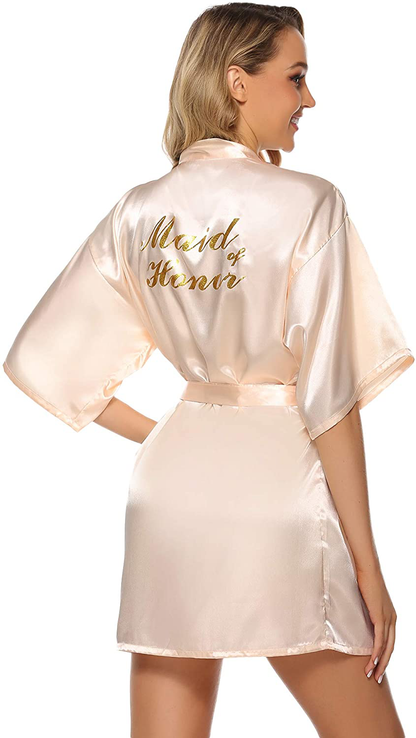 Vlazom Women'S Satin Robe Short Kimono for Bride & Bridesmaid Wedding Party Robes with Gold Glitter or Rhinestones Apparel & Accessories > Clothing > Sleepwear & Loungewear > Robes KYLIE MAX Champagne (Maid of Honor） Large 