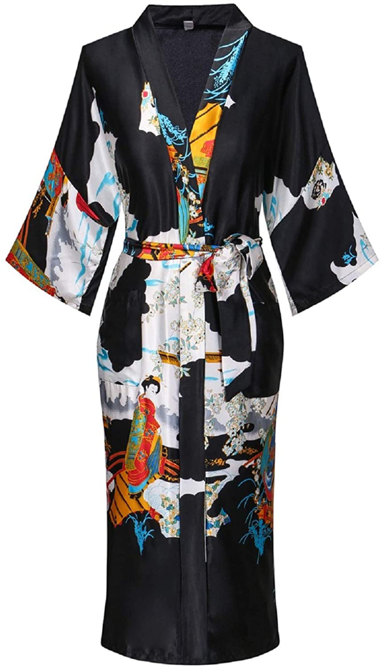 Women'S Floral/Patterned Silky Kimono Robes Long Satin Bathrobes Sleepwear Loungewear Apparel & Accessories > Clothing > Sleepwear & Loungewear > Robes MissNina Black Small 