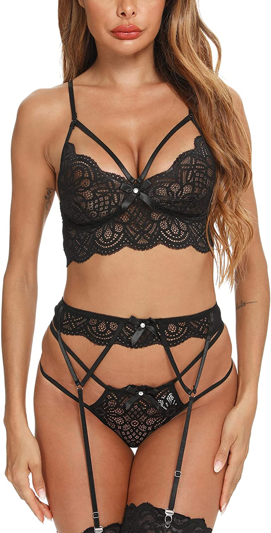 CHEENBOL Lace Lingerie Set for Women 3 Piece Bralette Lingerie Bodysuit with Garter Belt(No Stockings) Apparel & Accessories > Clothing > Underwear & Socks > Lingerie CHEENBOL Black Large 