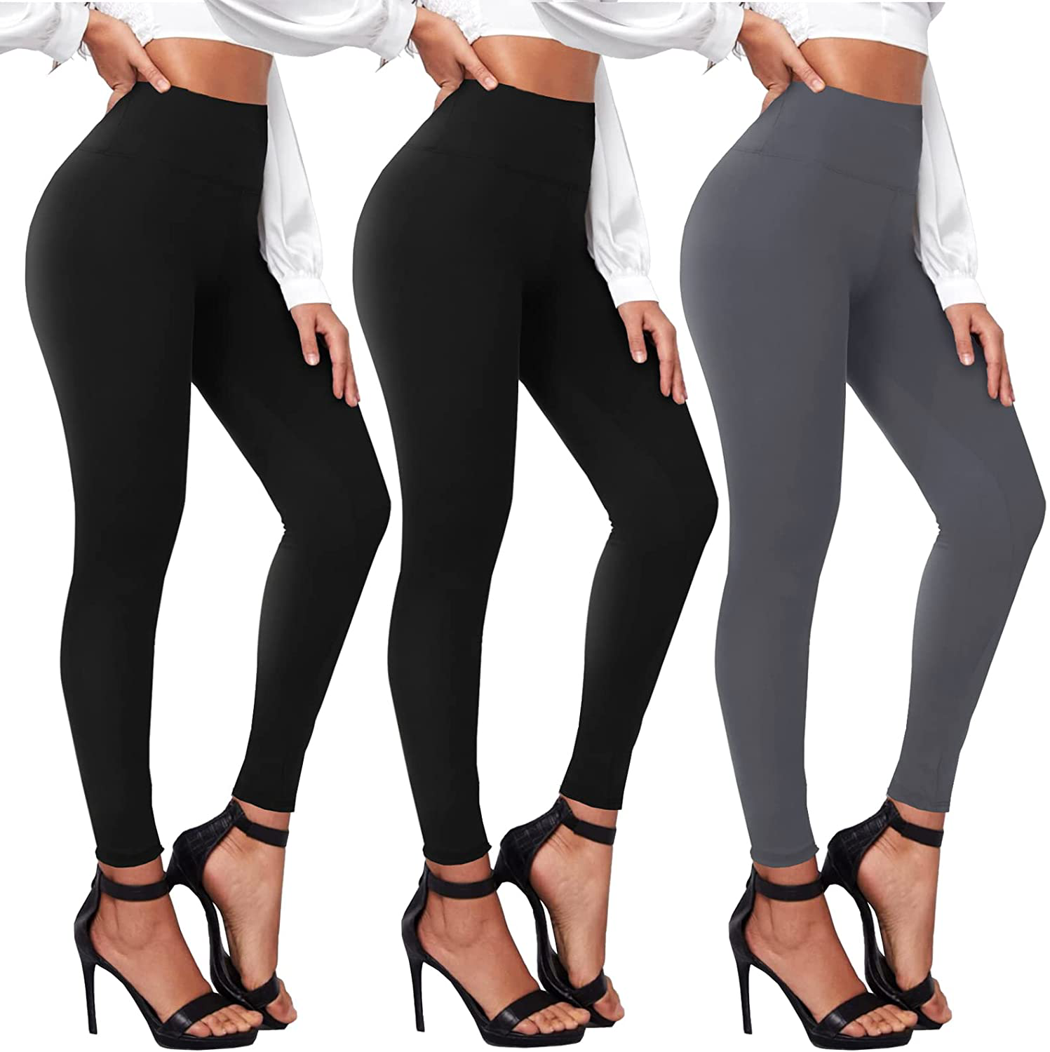 TNNZEET 3 Pack High Waisted Leggings for Women - Buttery Soft Workout Running Yoga Pants Apparel & Accessories > Clothing > Activewear TNNZEET Blackx2/ Grey Large-X-Large 