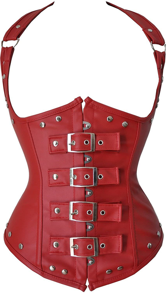 Blidece Women'S Fashion PU Leather Halter Shoulder Straps Underbust Corset Top Apparel & Accessories > Clothing > Underwear & Socks > Lingerie Blidece Red Small 