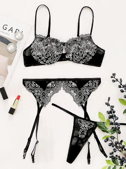 Kaei&Shi Shimmer Floral Lace, Underwire Keyhole, Scalloped Lace Belt, 3 Piece Lingerie Set Apparel & Accessories > Clothing > Underwear & Socks > Lingerie Kaei&Shi   
