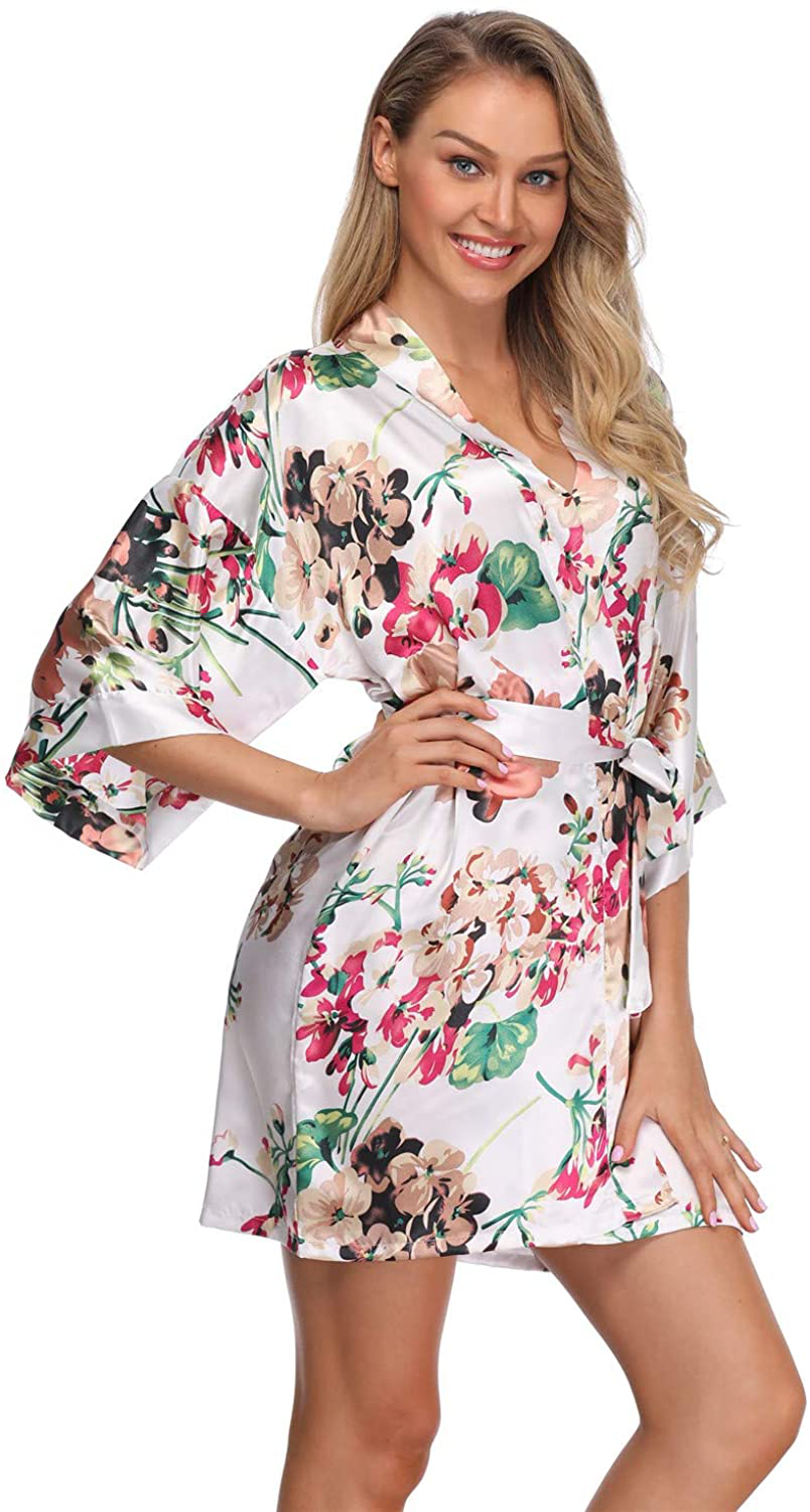 Women'S Floral Satin Kimono Robes Short Bridesmaid Robes for Wedding Party Apparel & Accessories > Clothing > Sleepwear & Loungewear > Robes Super Shopping-zone White Small 