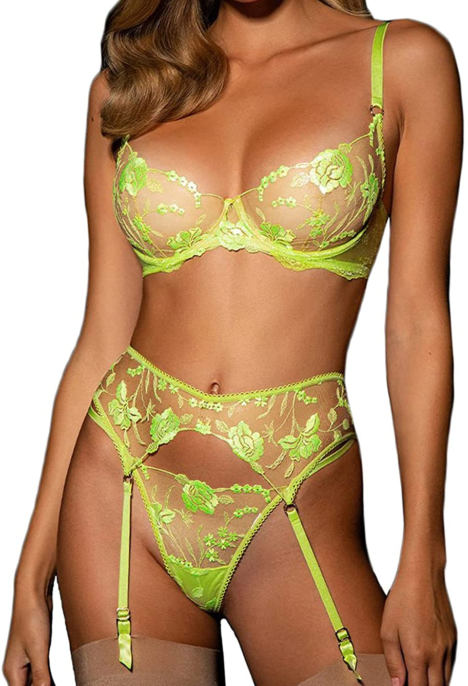 Kaei&Shi Garter Lingerie for Women,Embroidered Underwire Sexy Lingerie, High Waisted 3 Piece Lingerie Set Apparel & Accessories > Clothing > Underwear & Socks > Lingerie Kaei&Shi Neon Green 10-12 