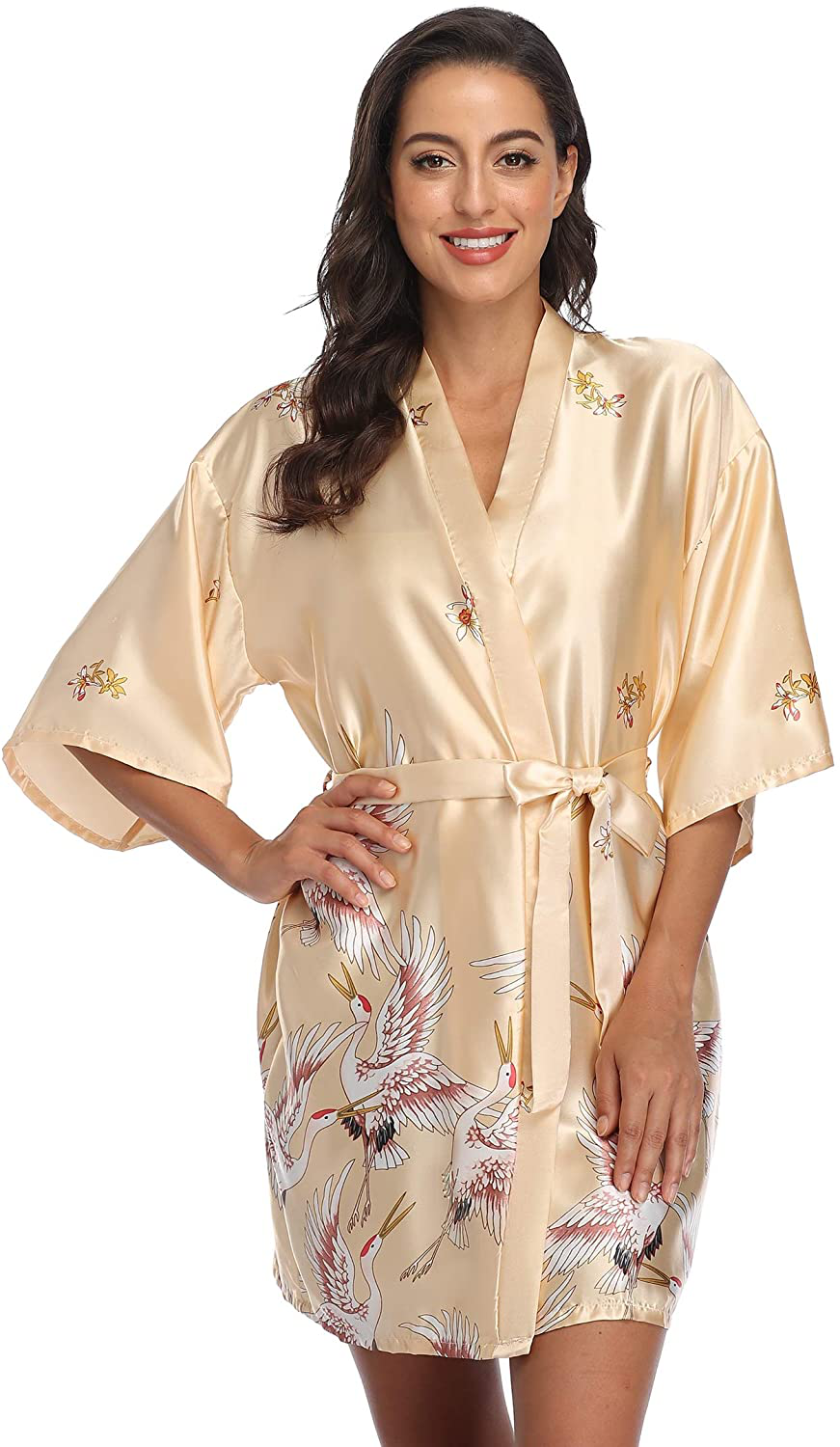 Original Kimono Women'S Floral Crane Kimono Robe Short Silky Sleepwear plus Size Satin Spa Party Dressing Gown Apparel & Accessories > Clothing > Sleepwear & Loungewear > Robes Original Kimono Champagne Medium 