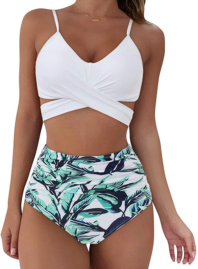SUUKSESS Women Wrap Bikini Set Push Up High Waisted 2 Piece Swimsuits Apparel & Accessories > Clothing > Swimwear SUUKSESS 87 White Leaves 4-6 
