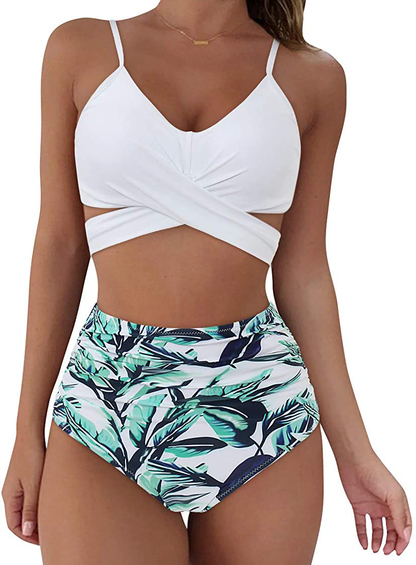 SUUKSESS Women Wrap Bikini Set Push Up High Waisted 2 Piece Swimsuits Apparel & Accessories > Clothing > Swimwear SUUKSESS 87 White Leaves 4-6 