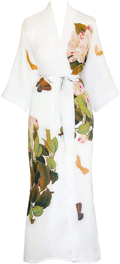 KIM+ONO Women'S Charmeuse Kimono Robe Long - Watercolor Floral Apparel & Accessories > Clothing > Sleepwear & Loungewear > Robes KIM+ONO Peony & Butterfly - White  