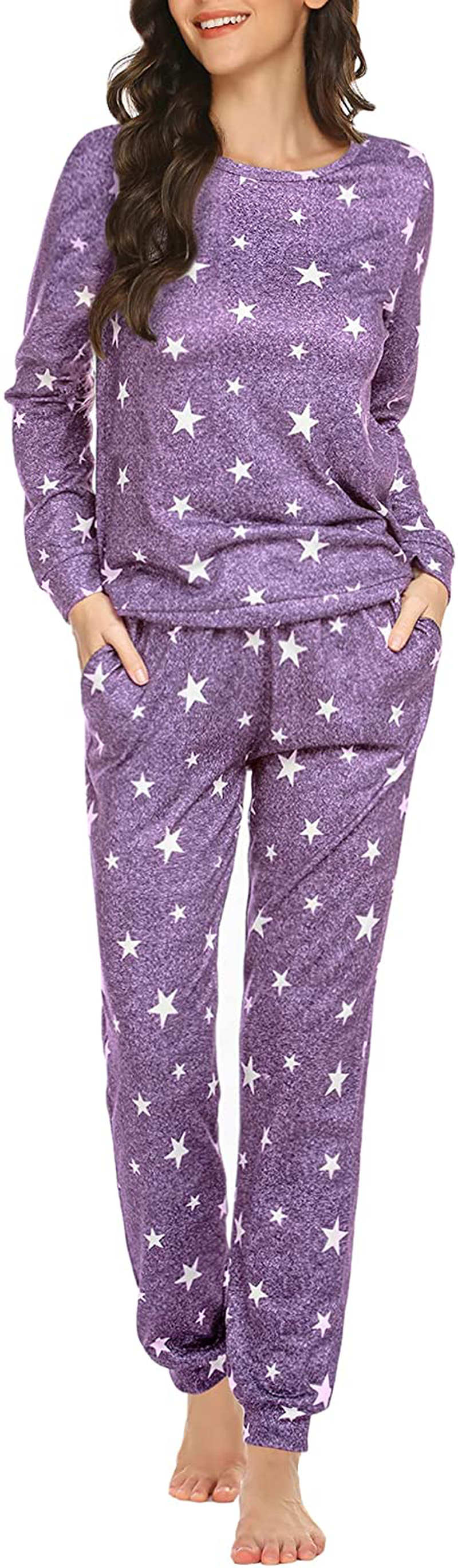 Ekouaer Womens Pajama Set Long Sleeve Sleepwear Star Print Nightwear Soft Pjs Lounge Sets with Pockets Apparel & Accessories > Clothing > Sleepwear & Loungewear > Pajamas Ekouaer A-purple White Star XX-Large 