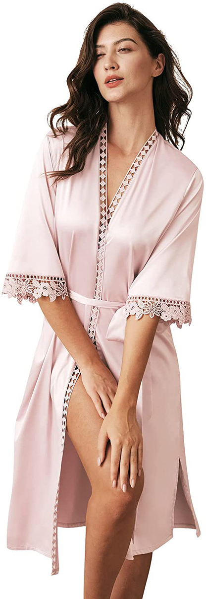 AW BRIDAL Women'S Satin Robe Lace Trim Kimono Robes Long Silk Bathrobe Bridesmaid Robes Wedding Party Loungewear Sleepwear Apparel & Accessories > Clothing > Sleepwear & Loungewear > Robes AW BRIDAL Blush Small 