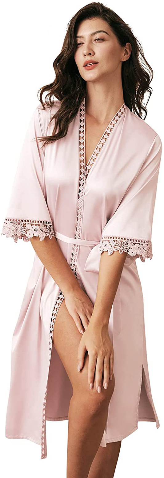 AW BRIDAL Women'S Satin Robe Lace Trim Kimono Robes Long Silk Bathrobe Bridesmaid Robes Wedding Party Loungewear Sleepwear Apparel & Accessories > Clothing > Sleepwear & Loungewear > Robes AW BRIDAL Blush Small 