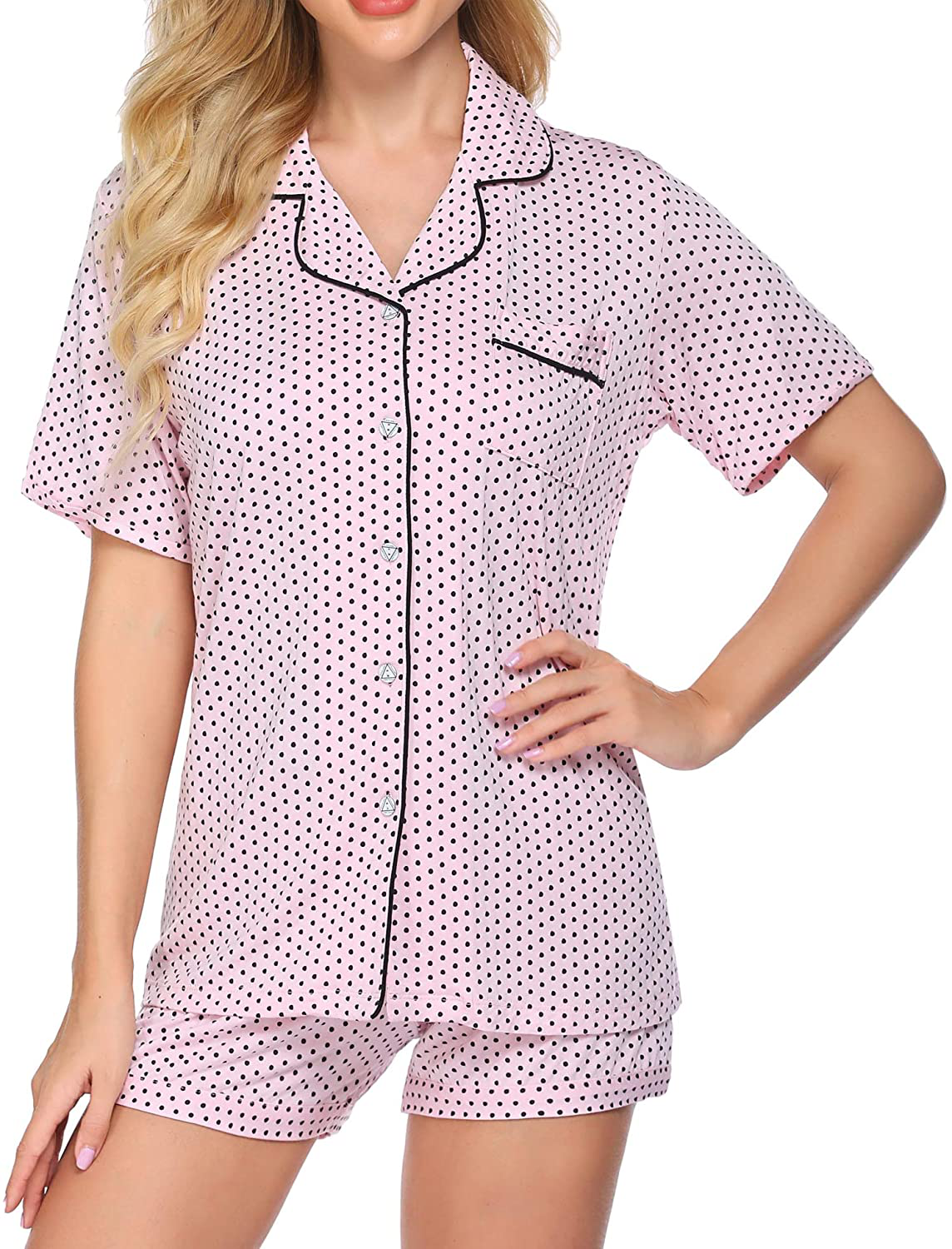 Ekouaer Pajamas Set Short Sleeve Sleepwear Womens Button Down Nightwear Soft Pj Lounge Sets XS-XXL Apparel & Accessories > Clothing > Sleepwear & Loungewear > Pajamas Ekouaer Pat6-pink With Black Dots XX-Large 