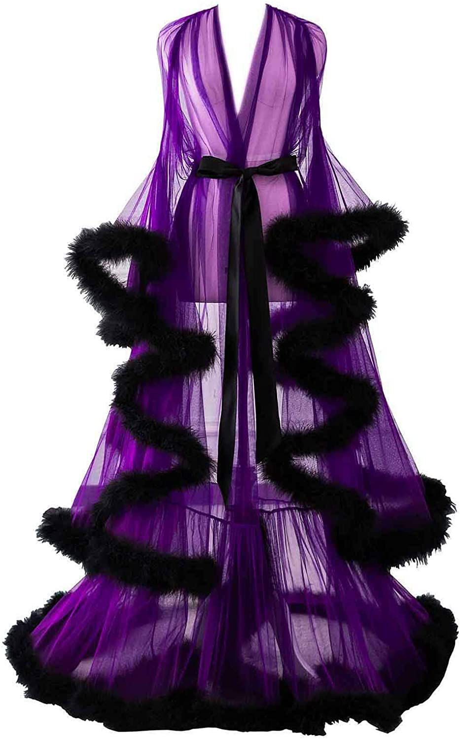 Changuan Sexy Illusion Long Lingerie Robe Nightgown Bathrobe Sleepwear Feather Bridal Robe Wedding Scarf Apparel & Accessories > Clothing > Sleepwear & Loungewear > Robes Changuan Purple-black Large-X-Large 
