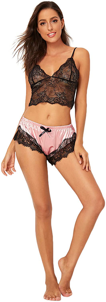Sweatyrocks Women'S Lace Cami Top with Shorts with Panties 2 Piece Set Sexy Lingerie Pajama Set Apparel & Accessories > Clothing > Sleepwear & Loungewear Kylie Max   