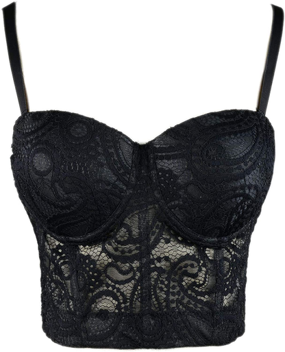 ELLACCI Women'S Paisley Mesh Lace Bustier Crop Top Sexy Corset Top Bra Black Apparel & Accessories > Clothing > Underwear & Socks > Lingerie ELLACCI   