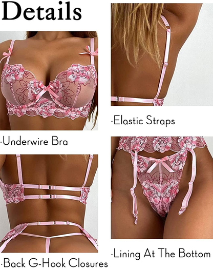 Kaei&Shi Floral Embroidered,Underwire,Cutout Back,G-String,Garter Lingerie Set Apparel & Accessories > Clothing > Underwear & Socks > Lingerie Kaei&Shi   