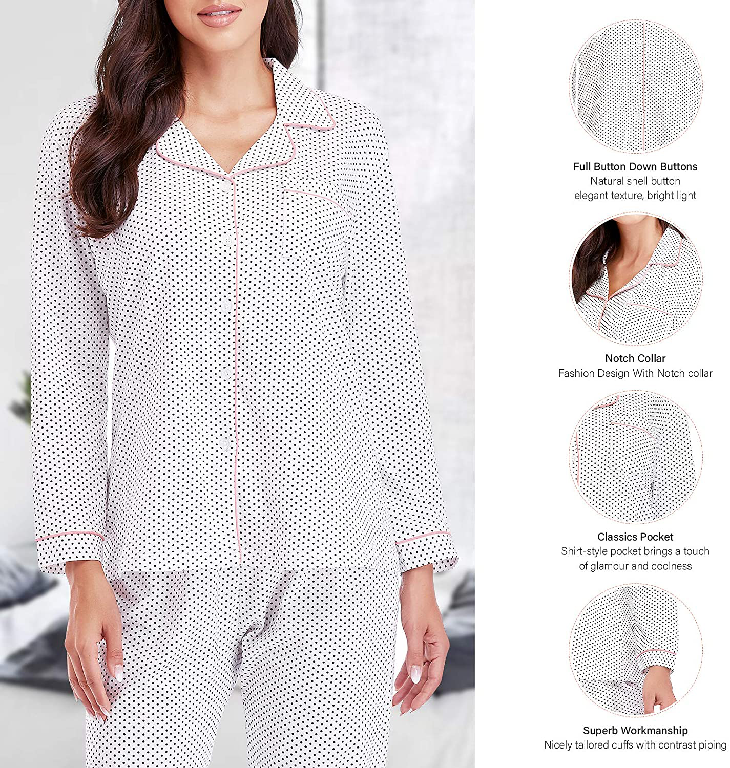 Eiggam Pajamas for Women Lounge Cotton Sleepwear Comfy Soft Long Button Down Pjs Set Pajamas Set Apparel & Accessories > Clothing > Sleepwear & Loungewear > Pajamas Eiggam   