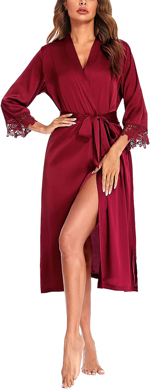 MAXMODA Women'S Satin Robe Lace-Trim Kimono Style Long Silk Robe Sleepwear with 3/4 Sleeve Apparel & Accessories > Clothing > Sleepwear & Loungewear > Robes MAXMODA Wine Red Small 
