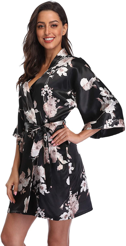Season Dressing Women Floral Robes Bridesmaids Short Satin Kimono Sleepwear for Wedding Party Apparel & Accessories > Clothing > Sleepwear & Loungewear > Robes season dressing Black Small 