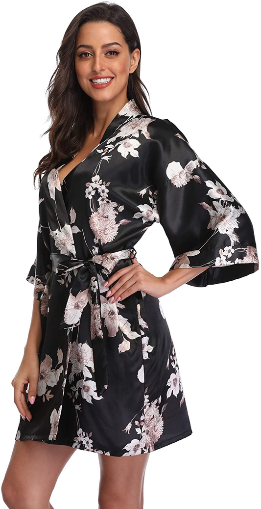 Season Dressing Women Floral Robes Bridesmaids Short Satin Kimono Sleepwear for Wedding Party Apparel & Accessories > Clothing > Sleepwear & Loungewear > Robes season dressing Black Small 