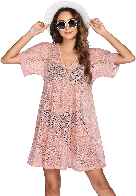 Ekouaer Women Swimsuit Cover Ups Batwing Sleeve Sheer Lace Cover up Bathing Suit Beach Dress Apparel & Accessories > Clothing > Swimwear Kylie Max   