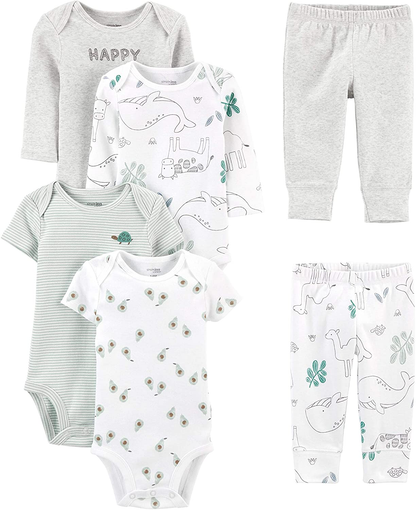 Simple Joys by Carter'S Unisex Toddlers and Babies' 6-Piece Neutral Bodysuits (Short and Long Sleeve) and Pants Set Apparel & Accessories > Clothing > Underwear & Socks > Lingerie Simple Joys by Carter's White/Grey, Animal/Avocados 6-9 Months 