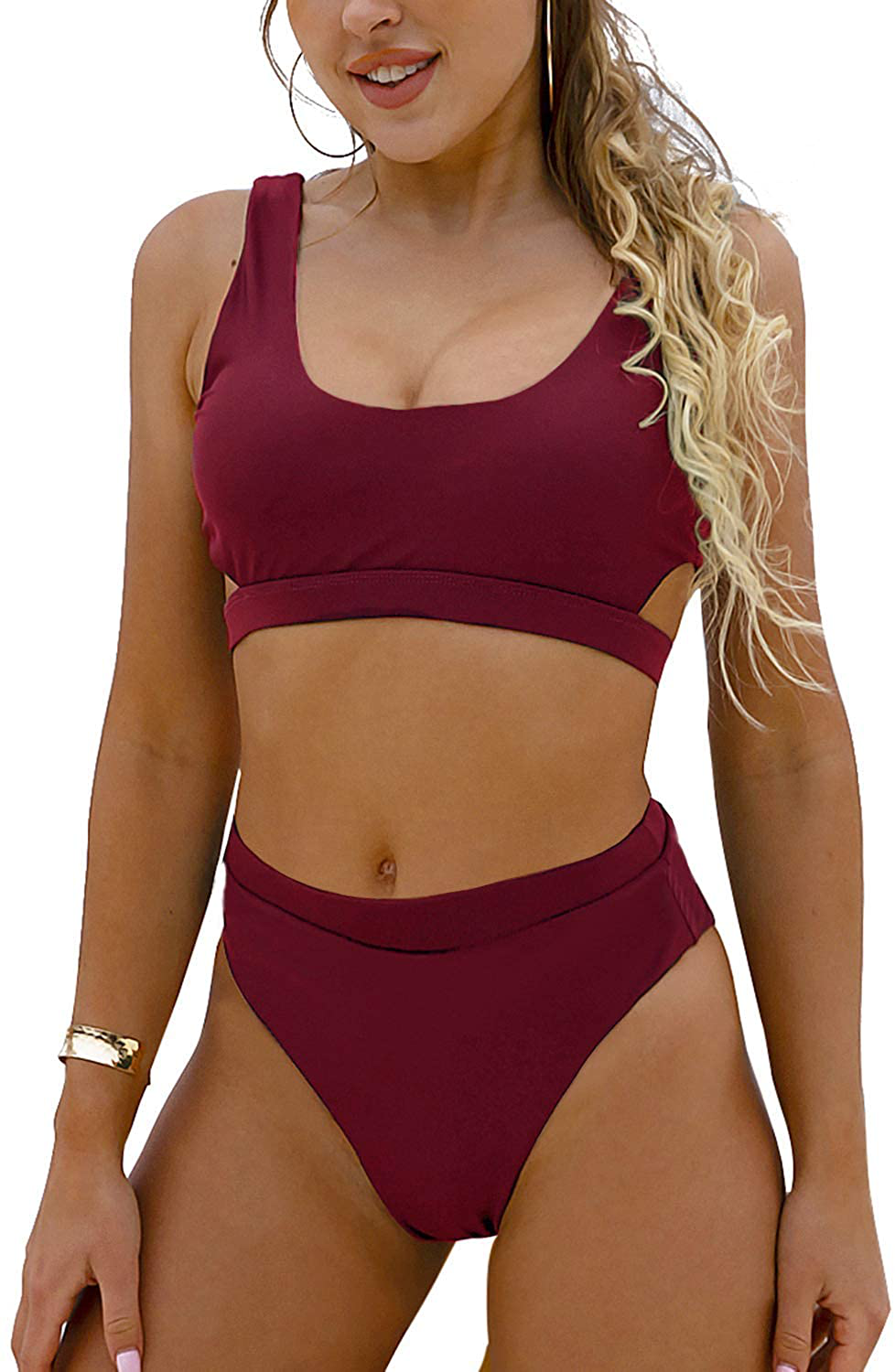 Blooming Jelly Women's High Waisted Swimsuit Crop Top Cut Out Two Piece Cheeky High Rise Bathing Suit Bikini Apparel & Accessories > Clothing > Swimwear Blooming Jelly Wine Red Small 