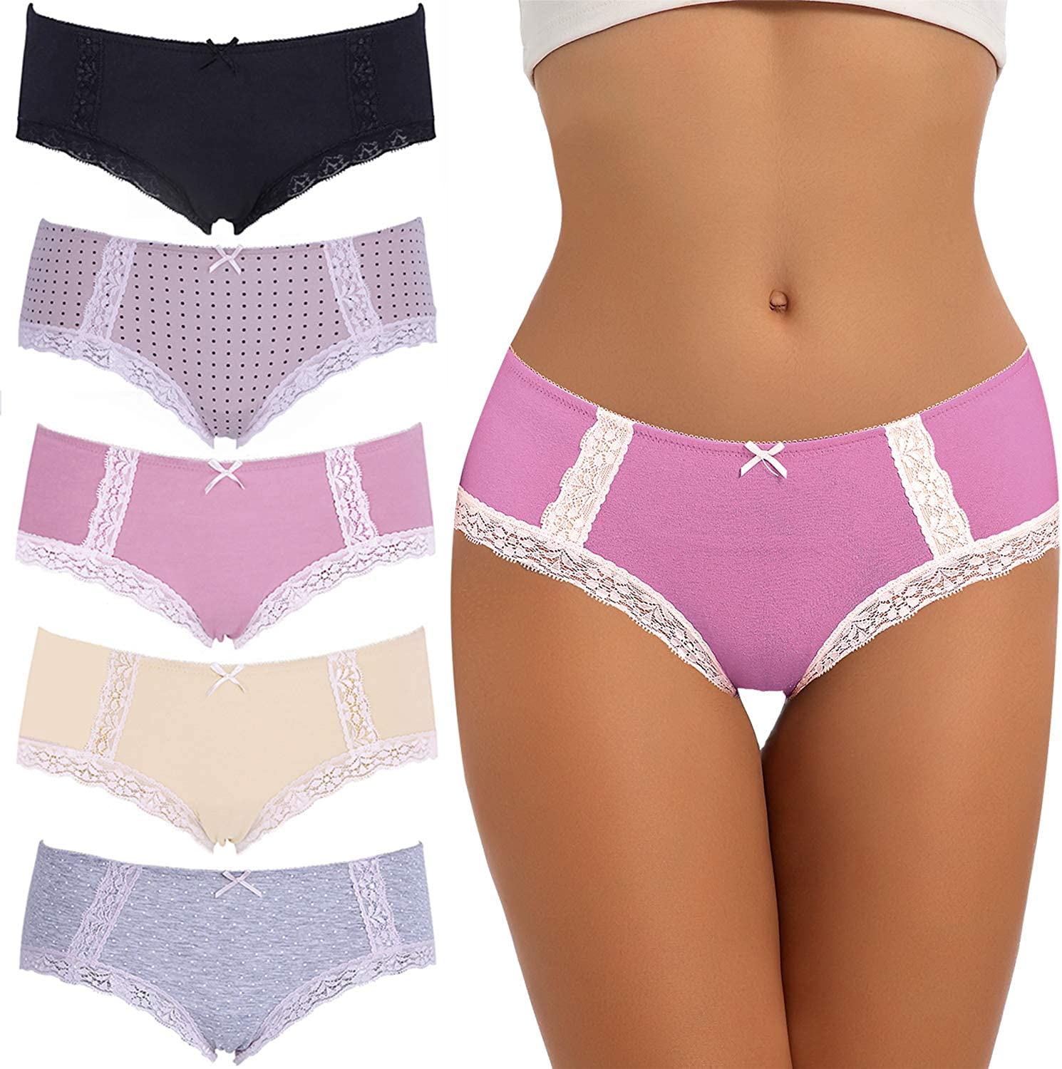 VEENXTHA Womens Underwear Panties Cotton Brief Lace Breathable Stretch Medium Waist Pack of 5 Apparel & Accessories > Clothing > Underwear & Socks > Underwear VEENXTHA Assorted of Color a Small 