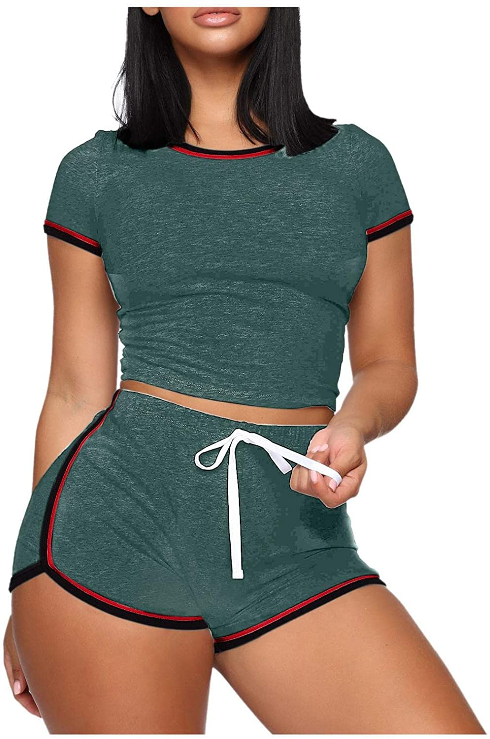 Burband Womens Casual Loungewear 2 Piece Shorts Sets Short Sleeve Sexy Crop Top and Jogger Shorts Summer Tracksuits Outfits Apparel & Accessories > Clothing > Underwear & Socks > Shapewear Burband Green Medium 